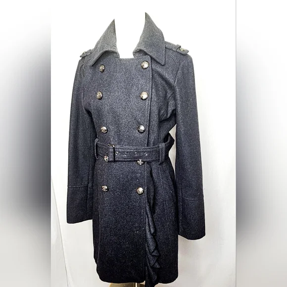 GUESS‎ Los Angeles Charcoal Gray Belted Wool Blend Coat Paisley Lined Size M-L
